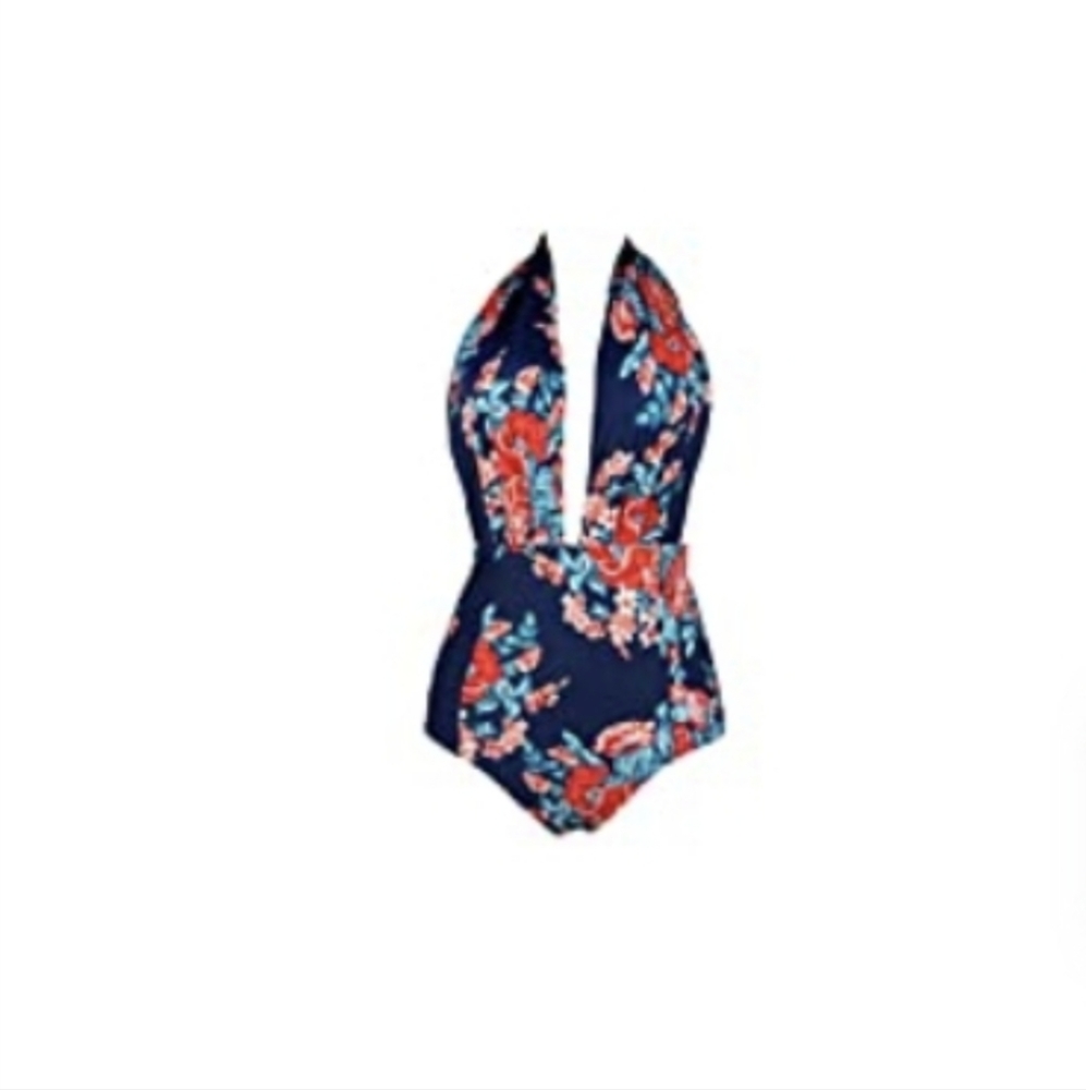 One piece high waist bathing suit. XL, navy with red flowers.